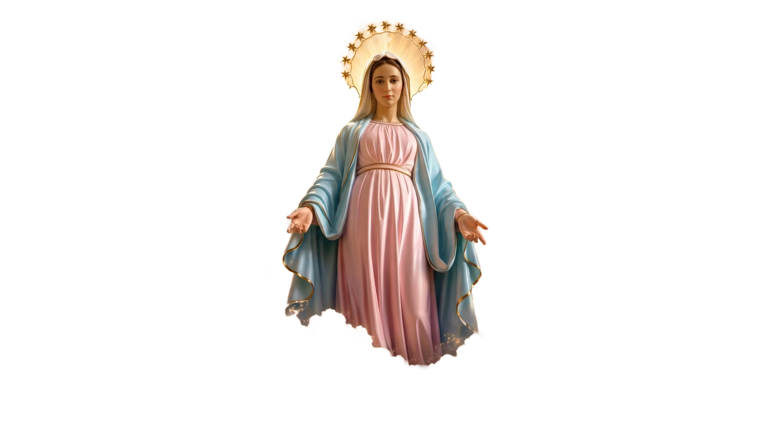 La Virgen María con manto celeste, vestido rosa y corona de doce estrellas, entre nubes y rayos de luz