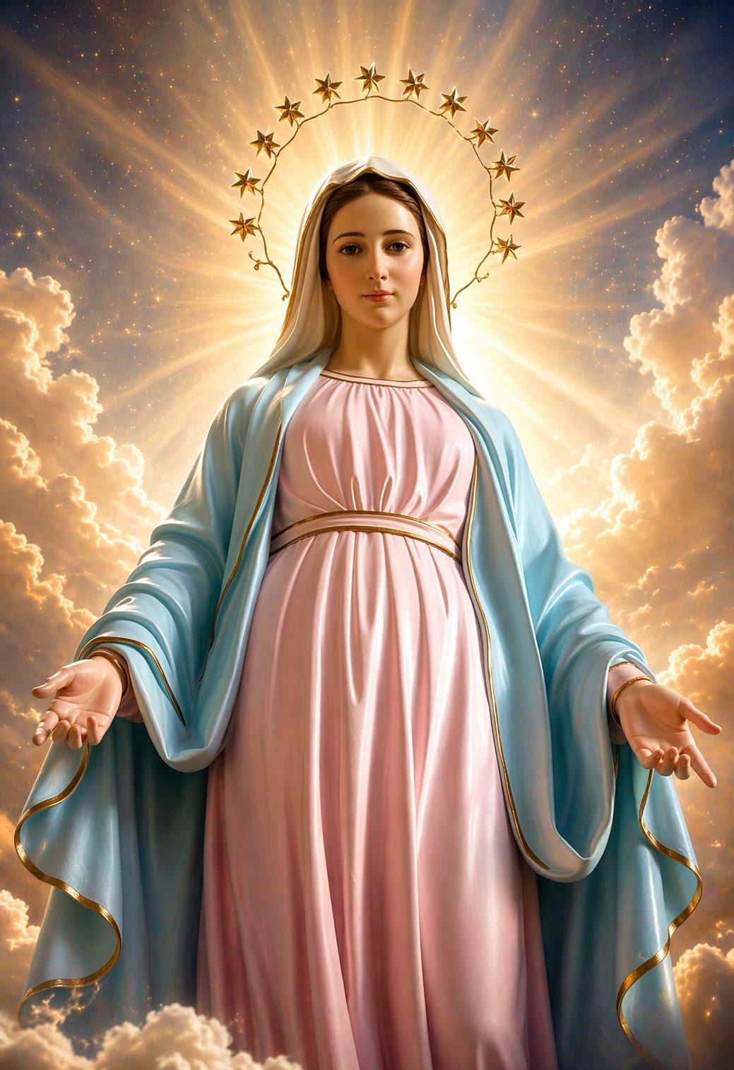 La Virgen María con manto celeste, vestido rosa y corona de doce estrellas, entre nubes y rayos de luz